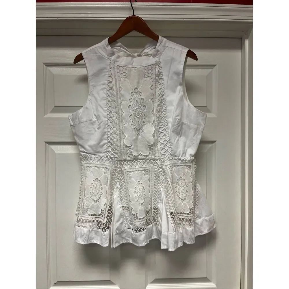 Nicole Miller New York White Heavy Lace Sleeveless Tie Back Peplum Blouse sz XL